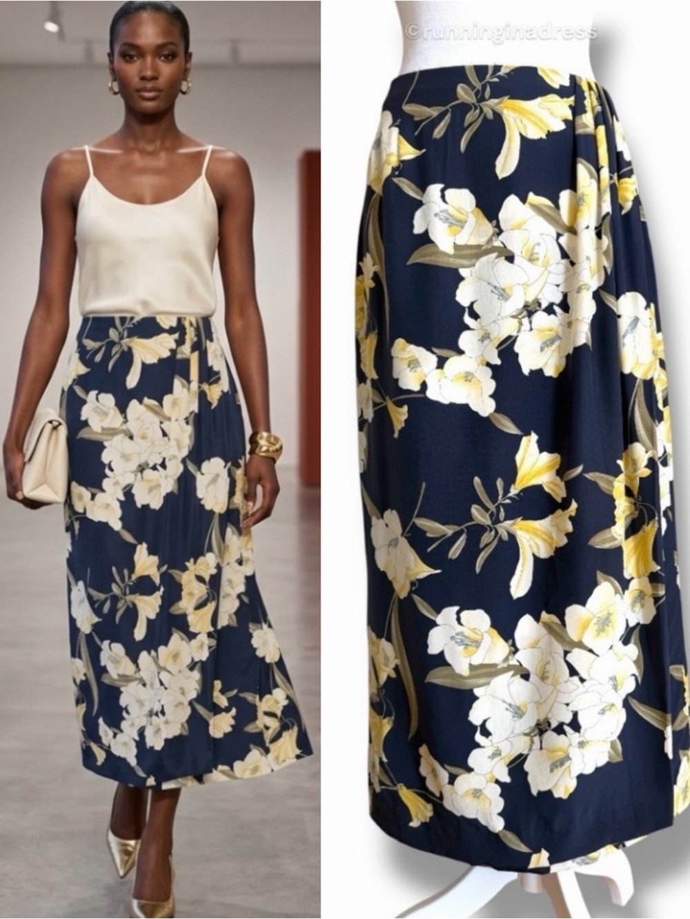 Vintage 90s Rafaella 100% Silk Pleated Faux Wrap Skirt Floral Navy Yellow M 8 10